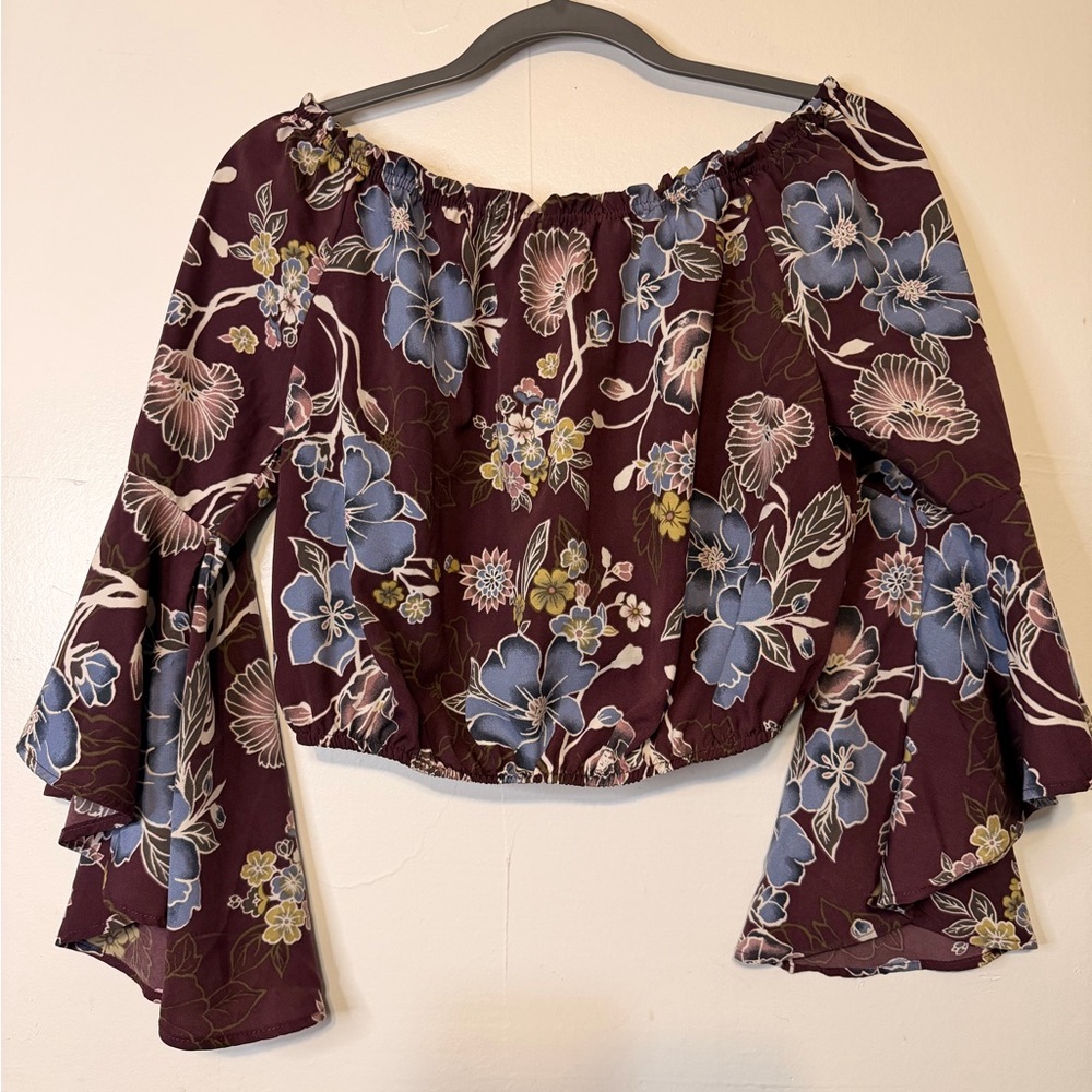 Chic Off-Shoulder Floral Blouse - Burgundy and Blue